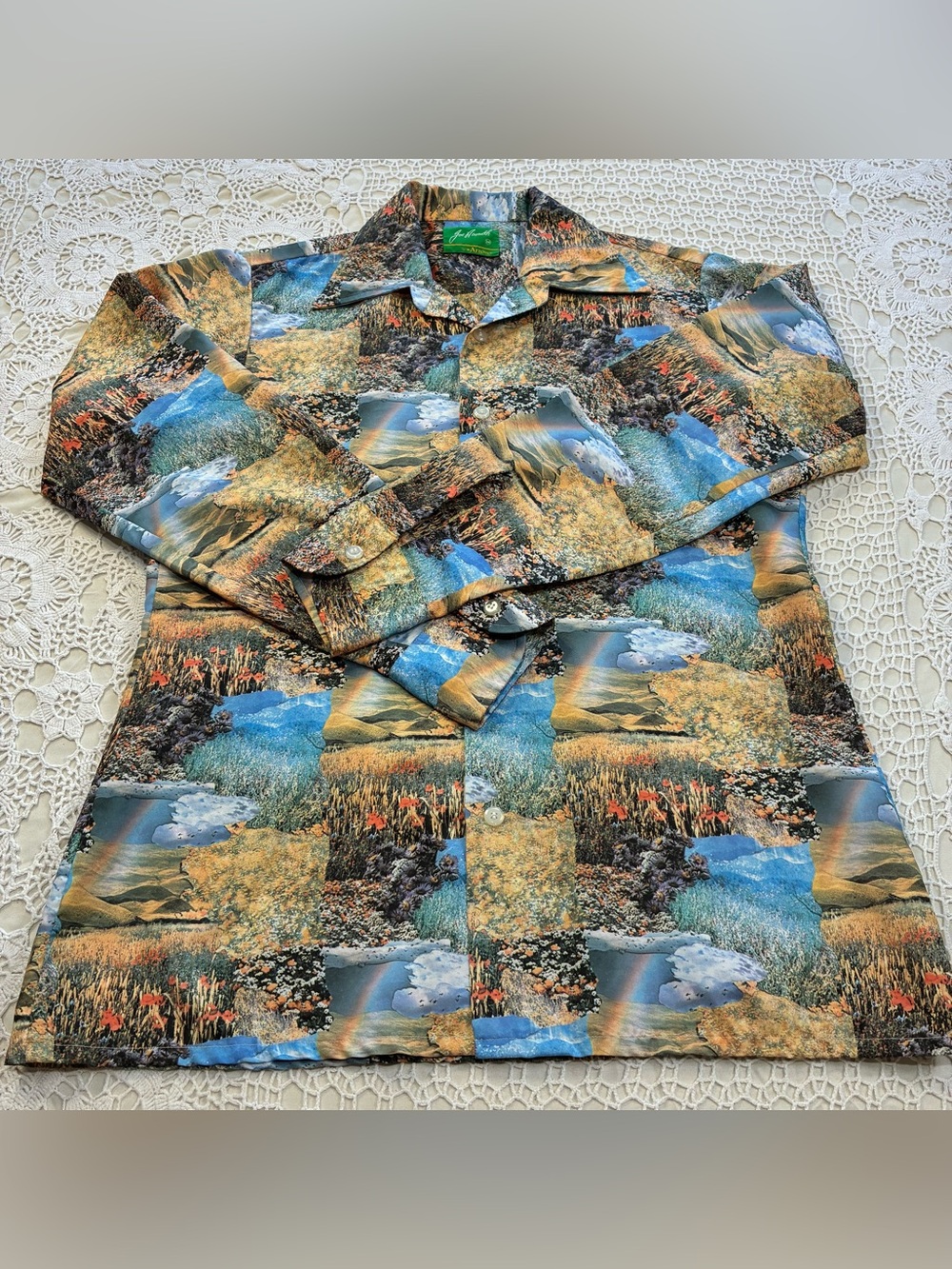 70s Joe Namath Arrow Men's M Multicolor Scenic Print Long Sleeve Button-Up Shirt